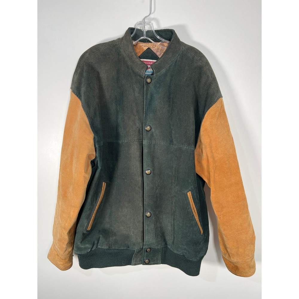 Vintage Trimark Green Tan‎ Colorblock Suede Leather Varsity Bomber Jacket XL